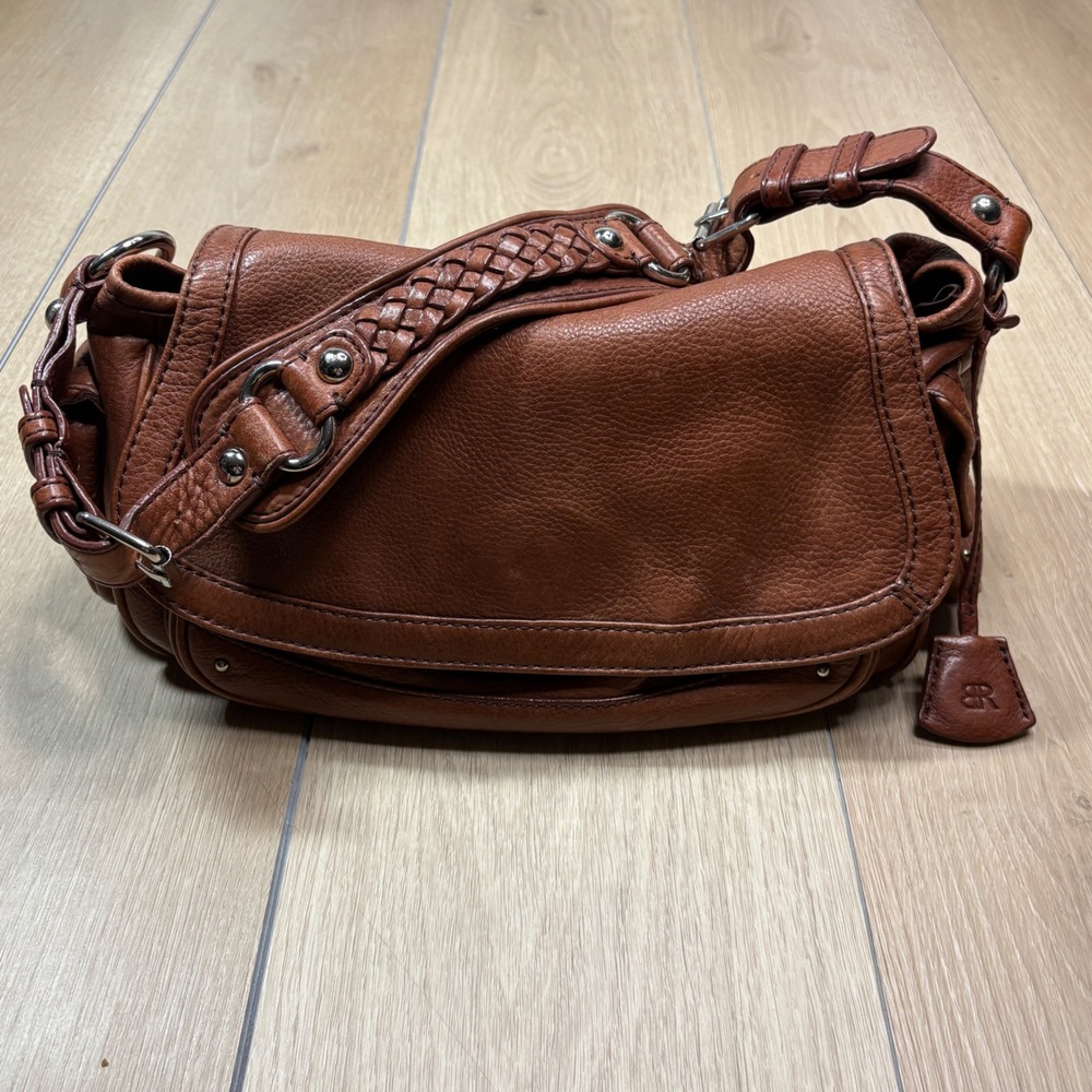 Banana Republic Y2K Brown Pebbled Leather Shoulder Bag Braided Strap Cognac BOHO